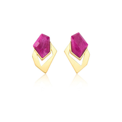 brinco pedra natural rosa banhado a ouro 18k - Pétala Jóias